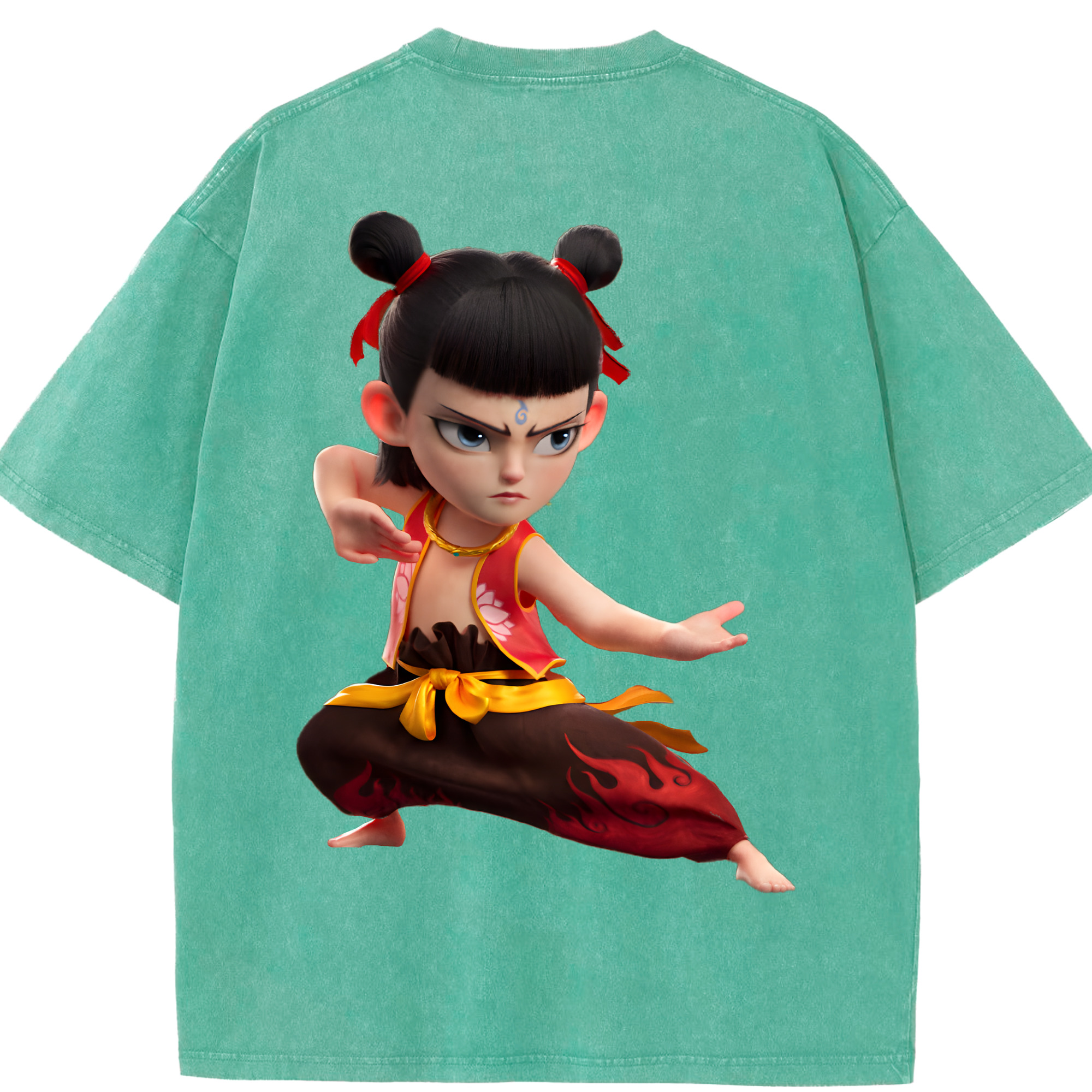 （画像用） Ne Zha 2 ナタ 魔童の大暴れ 綿100% ヴィンテージ風 半袖Tシャツ（背面プリント）